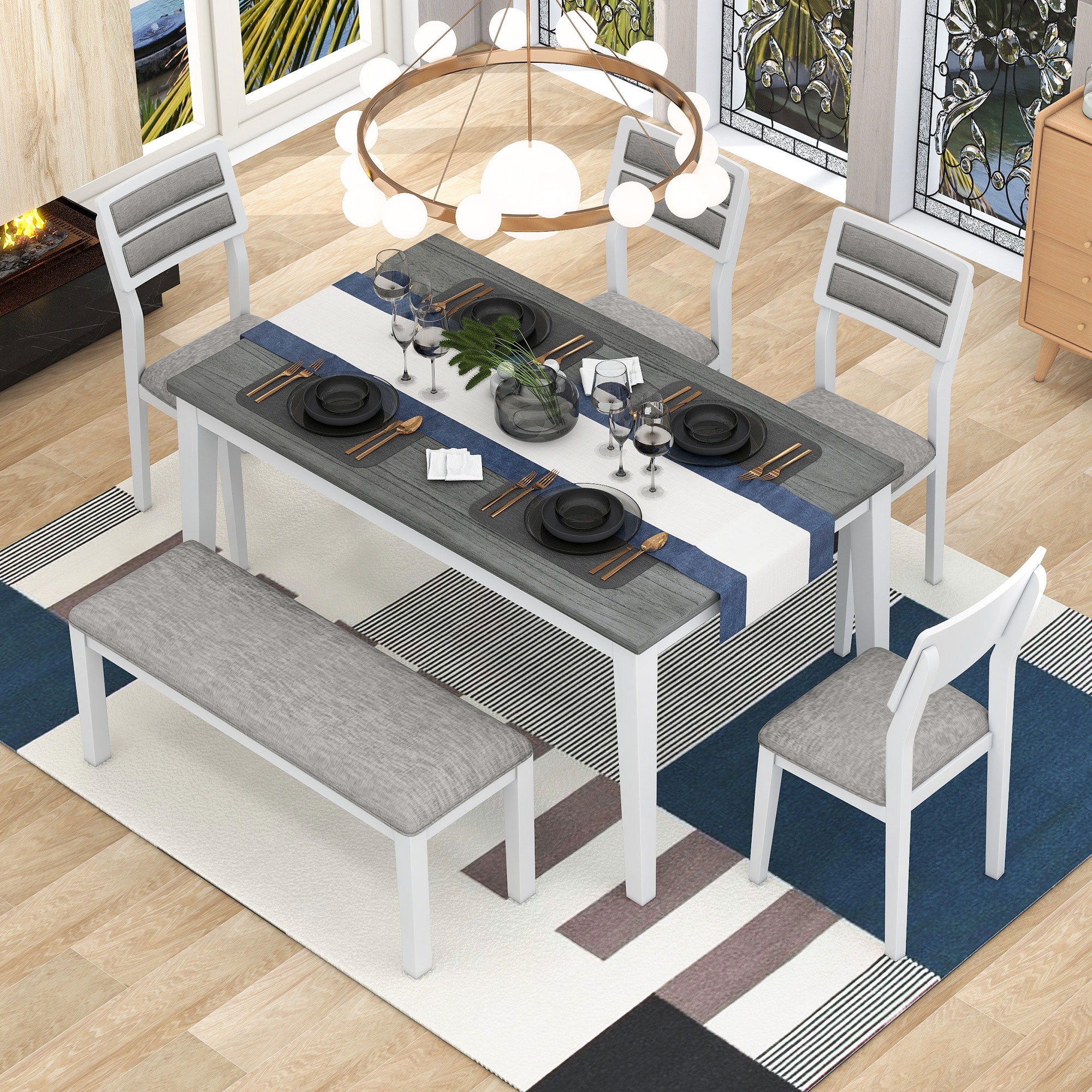 Classic and Traditional Style 6 Piece Dining Set Includes Dining Table 4 Upholstered Chairs Bench White gray On Sale Bed Bath Beyond 39079042